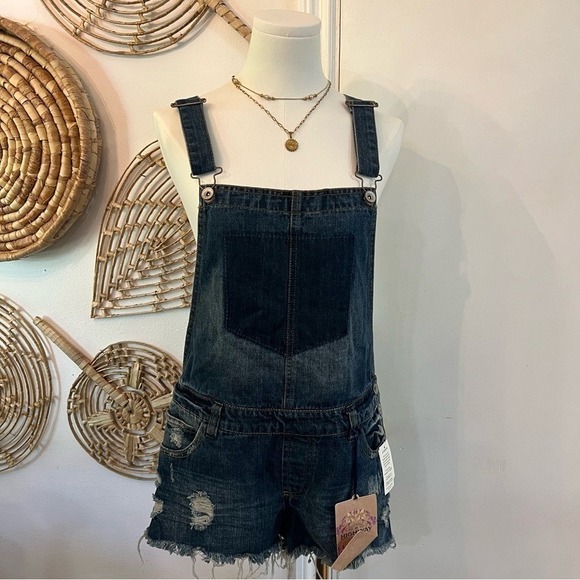 NWT Hwy Jeans Distressed Denim Overall Shorts Romper Y2K Vintage Style Size L - Picture 1 of 10